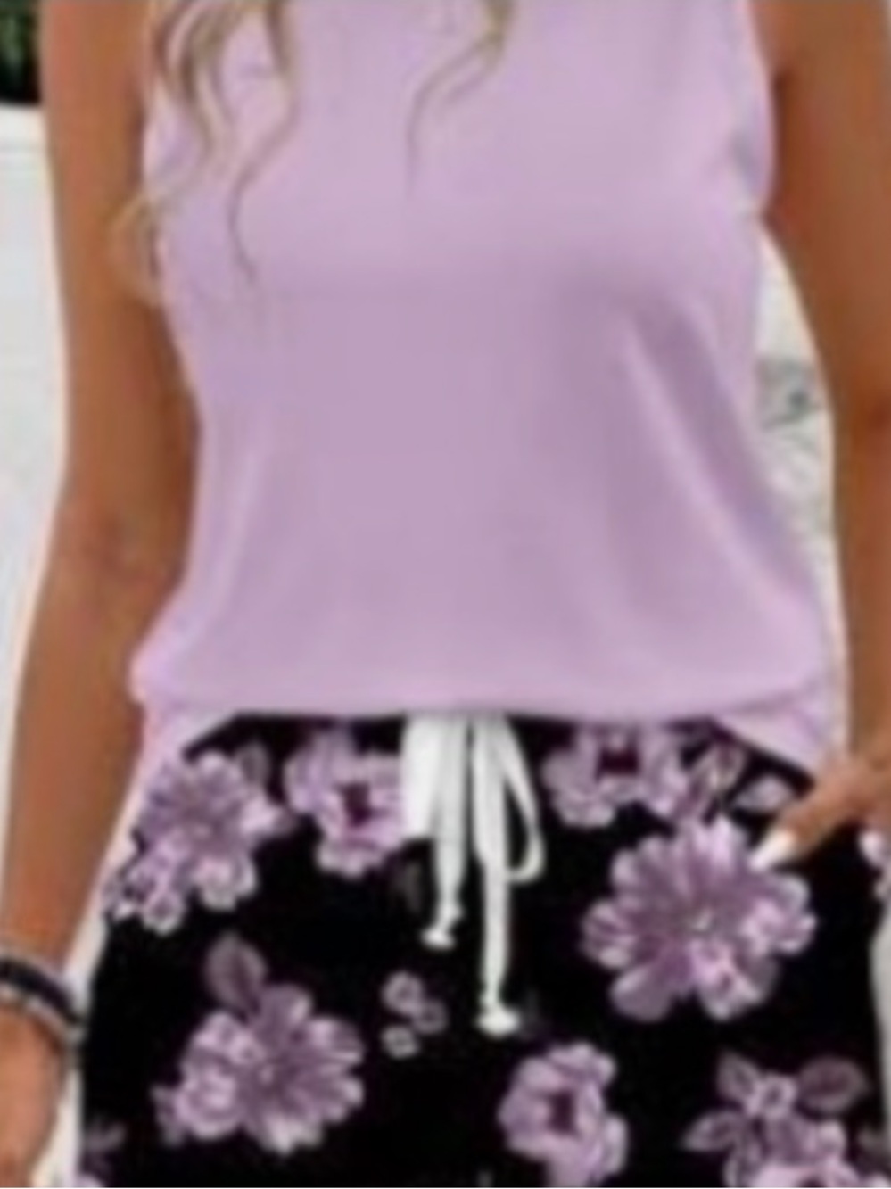Lilac Tank Top with Matching Black Shorts & Floral Drawstring